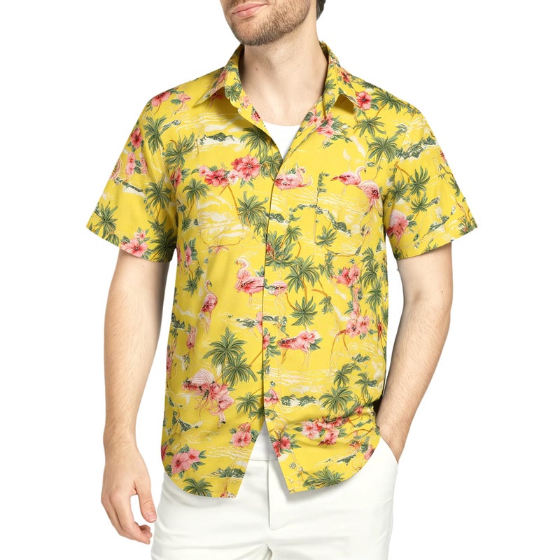 SSLR Mens Hawaiian Shirt Flamingos Casual Short Sleeve Button Down Shirts Aloha Shirt (Medium, Yellow) - Image 1